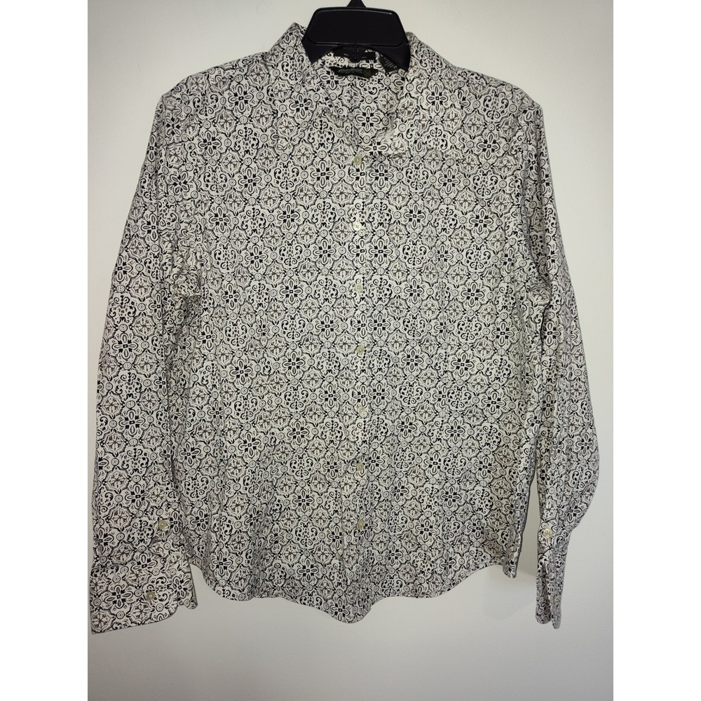 Eddie Bauer Mens XL Shirt Stretch Wrinkle Resistant Medallion Print Black White